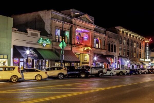 Historic Whiskey Row streetscape in Prescott Arizona photographed at night.