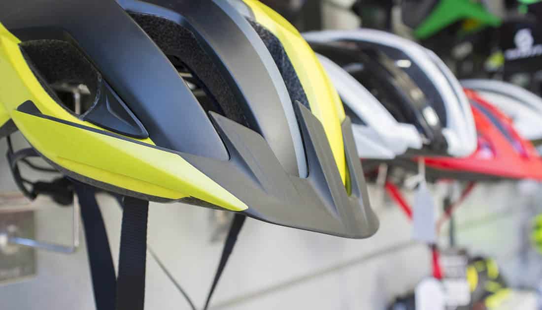 a picture of helmets- one of several bike safety tips